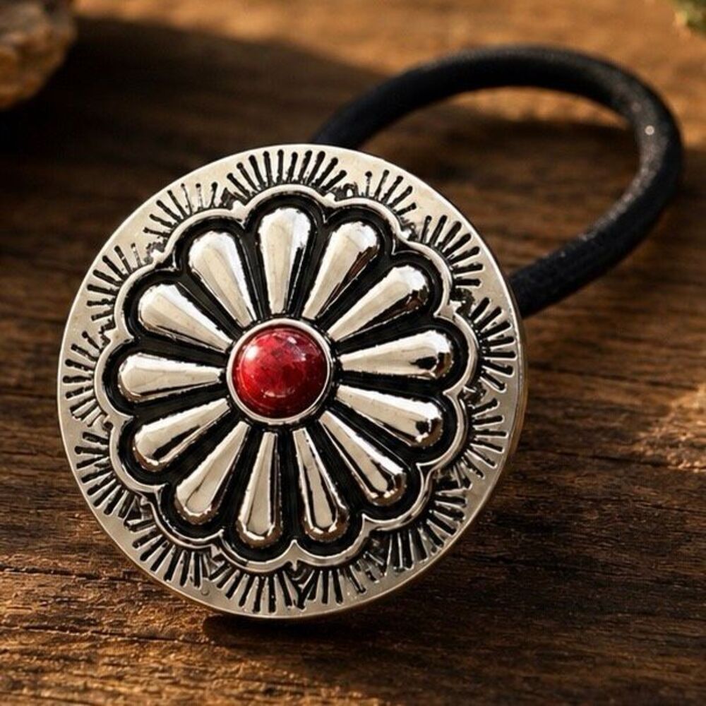 Western Concho Ponytail Holder Navajo Style, Red Accent Stone